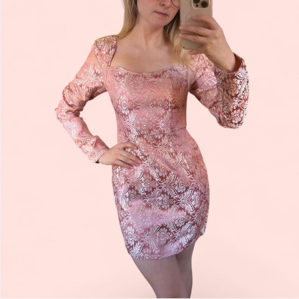 NTW PrettyLittleThing metallic pink print long sleeve mini dress